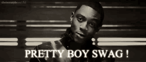 a black and white photo of a man with the words pretty boy swag