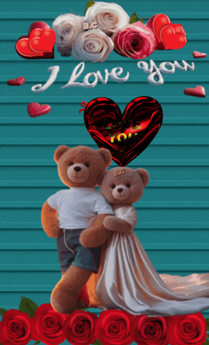 a couple of teddy bears standing next to each other with the words " i love you " written above them