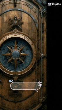 a wooden door with a compass on it and a capcut logo
