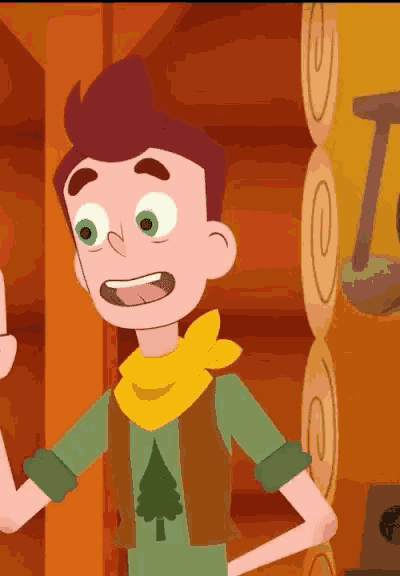 a cartoon character with a yellow scarf around his neck and a tree on his shirt