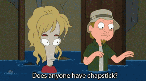 a cartoon of a man and a woman in the water with the caption does anyone have chapstick
