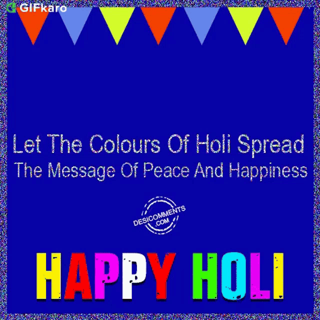 a happy holi greeting card with a blue background and colorful flags
