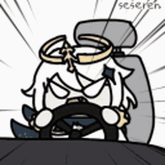 a cartoon of a person driving a car with a steering wheel and a halo on their head .