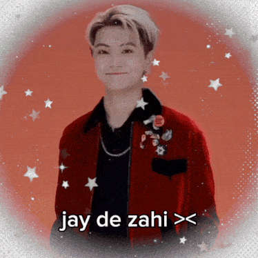 a man in a red jacket is surrounded by stars and the words jay de rahi > <