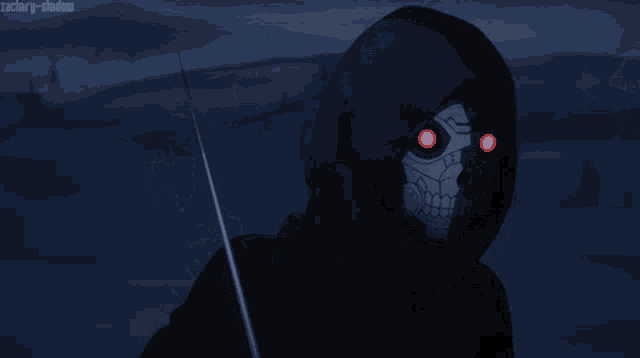 a drawing of a skeleton with red eyes and a sword with the name zachary-stefou below it
