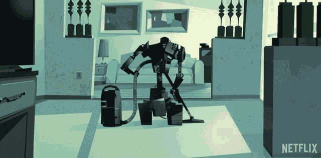 an illustration of a robot vacuuming a living room with a netflix logo in the corner