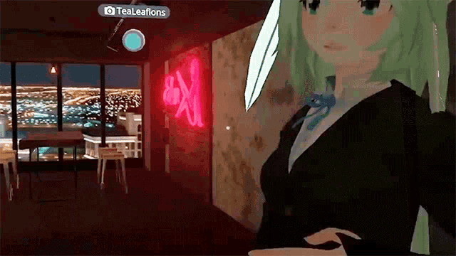 a girl with green hair is standing in front of a neon sign that says tealeaflions