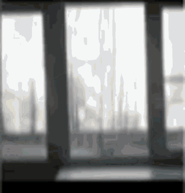 a black and white photo of a window with a blurred background .