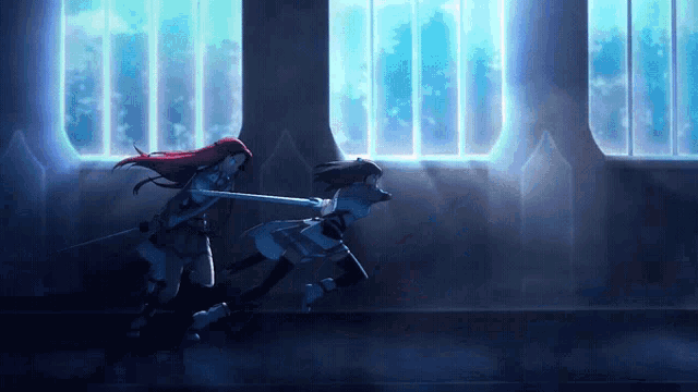 a girl with red hair is holding a sword while another girl holds a sword