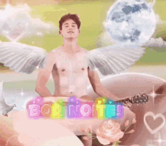 a shirtless man with angel wings is holding a guitar and the words boa noite are above him
