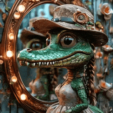 a statue of a crocodile wearing a hat and a dress looks at itself in a mirror