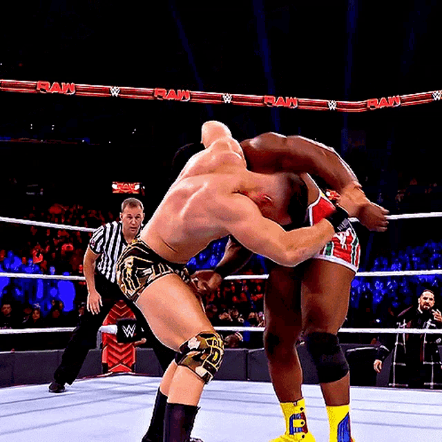 two men are wrestling in a ring with the word raw on the rope