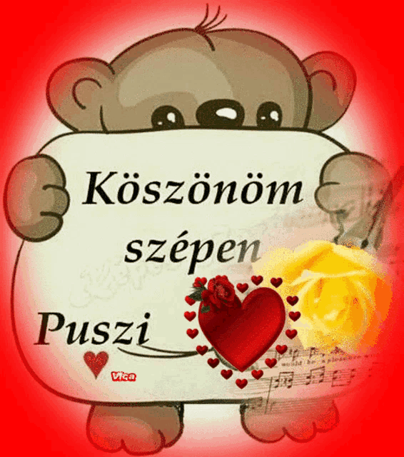 a cartoon bear holding a sign that says koszonom szpen puszi