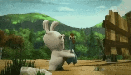 a rabbit and a chicken are standing next to each other in a field .