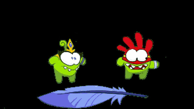 a green cartoon character with a crown on his head and a red cartoon character with a crown on his head