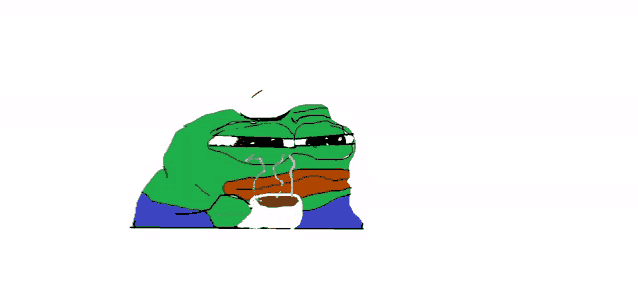 a drawing of a frog with a cup of coffee in its mouth