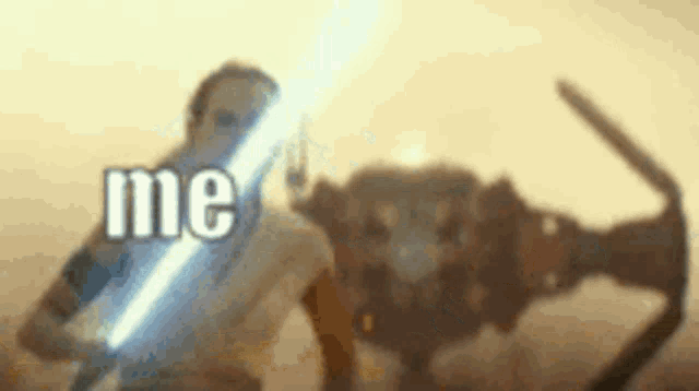 a man is holding a light saber in front of a robot and the words `` me '' are written on the screen .