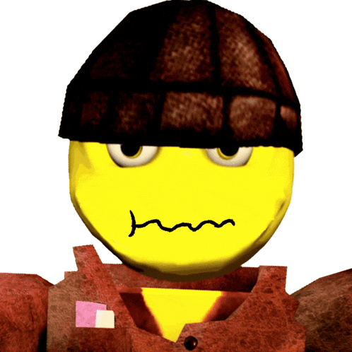 a yellow smiley face wearing a brown hat and a pink shirt