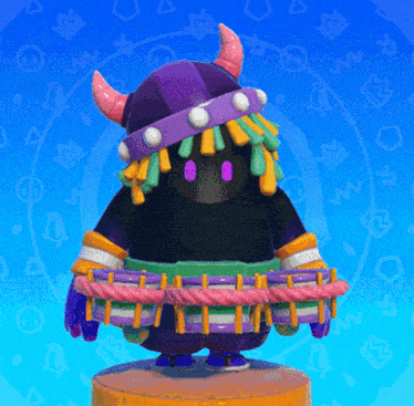 a cartoon character wearing a purple hat with horns and a rope around his waist