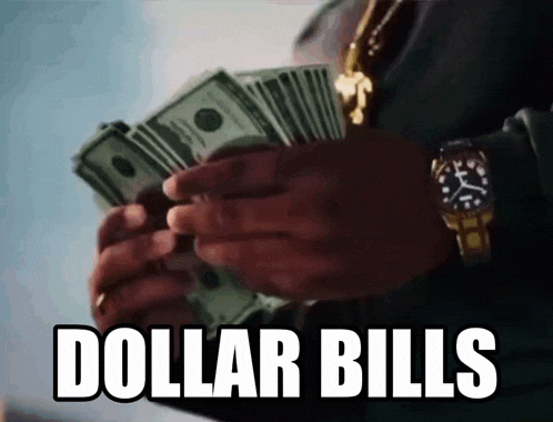 a man holding a stack of dollar bills with the words " dollar bills " above him