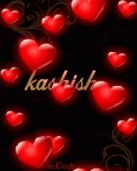 a picture of red hearts with the name kashish on it