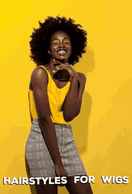 a woman wearing a yellow tank top and a plaid skirt with the words hairstyles for wigs below