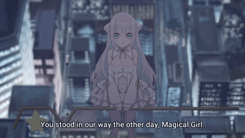 a cartoon of a girl with the words " you stood in our way the other day magical girl " above her