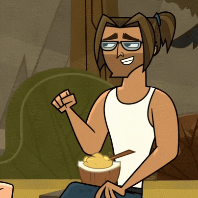 a cartoon character with glasses and a ponytail is smiling