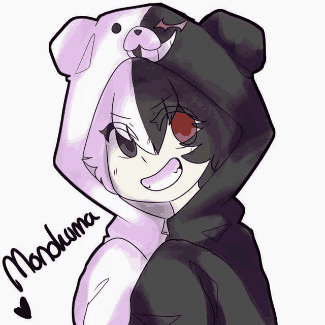 a drawing of a girl wearing a black and white teddy bear hoodie with the name handuma written on the bottom