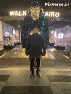 a man is standing in front of a walk cairo sign