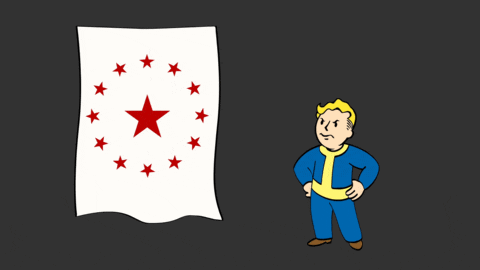 a vault boy is standing next to a piece of paper with a blue star on it