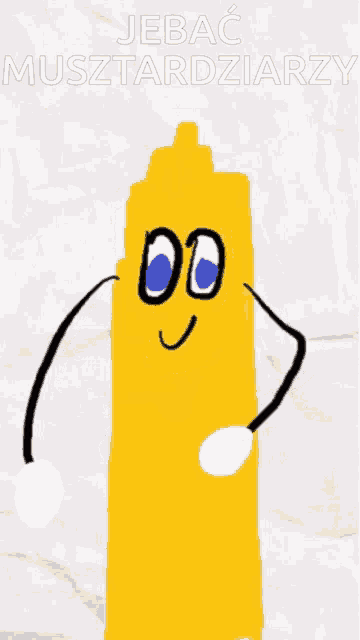 a cartoon drawing of a yellow mustard bottle with a face
