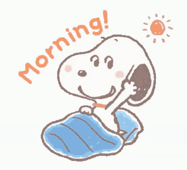 a cartoon of snoopy laying in bed with the words morning written above him