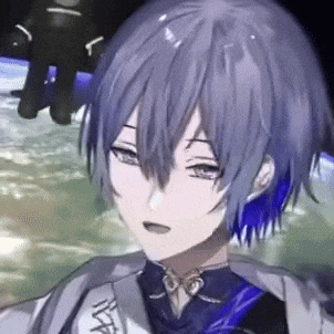 a close up of a person 's face with a blue haired anime character .