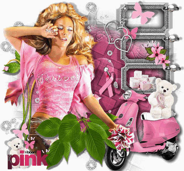 a woman in a pink top is surrounded by pink ribbons and a pink scooter