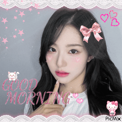 a picture of a girl with a pink bow on her hair and the words good morning