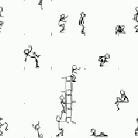 a black and white drawing of a bunch of people doing different exercises .