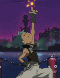 a cartoon character with a star on his chest is pointing up at a star