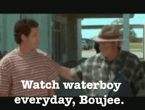 two men are standing next to each other with the words " watch waterboy everyday boujee " above them
