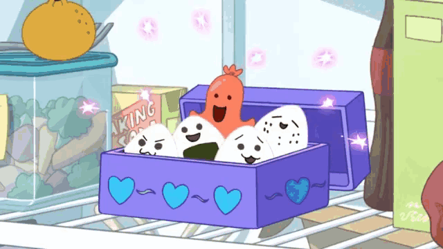 a box of baking soda sits in a refrigerator next to a box of onigiri