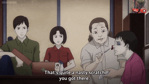 a group of people sitting around a table with one saying that 's quite a nasty scratch you got there ..