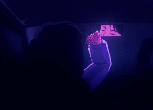 a cartoon of a person looking at their reflection in the rear view mirror of a car