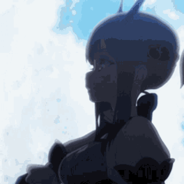 a girl with horns is standing in front of a blue sky