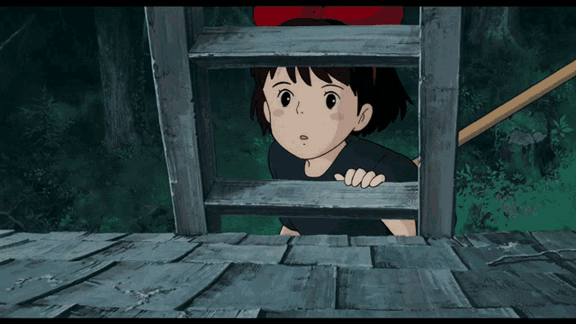a girl with a red bow on her head is looking out of a wooden window