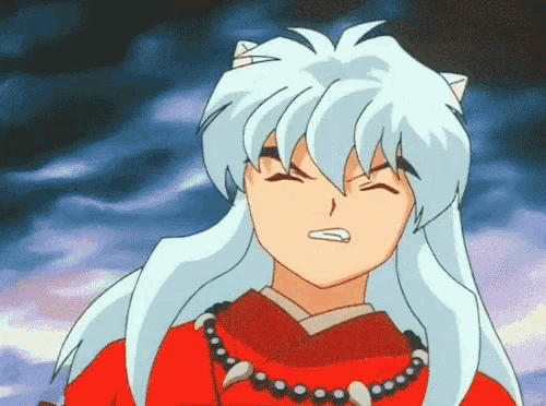 a cartoon character with a red shirt and white hair is making a face .