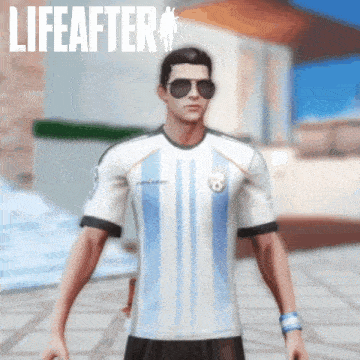 a man wearing sunglasses and a white and blue shirt with the word life after on the bottom