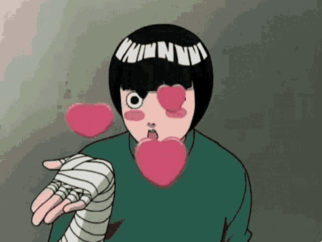 a cartoon boy with hearts coming out of his eyes is holding his hand out .