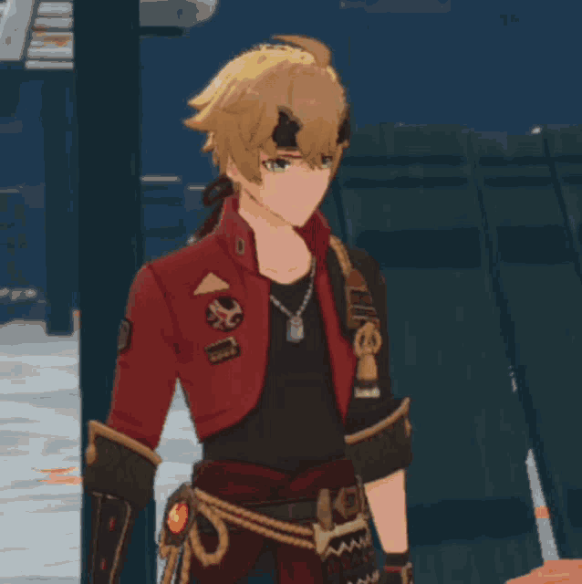 a man in a red jacket has a badge on his chest that says ' samurai ' on it