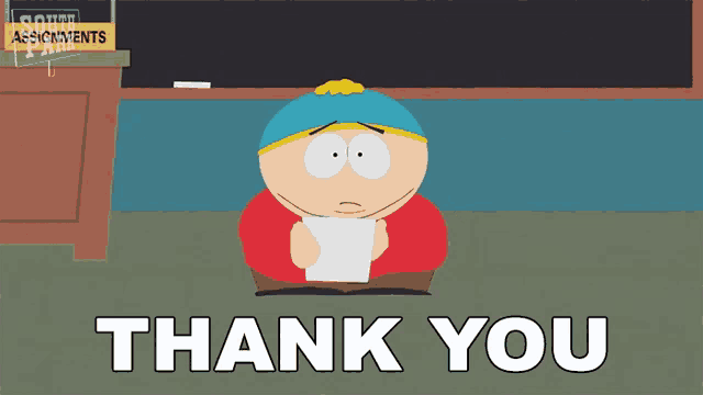a cartoon character holding a piece of paper with the words thank you below him