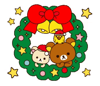 a christmas wreath with three teddy bears and a bird in it